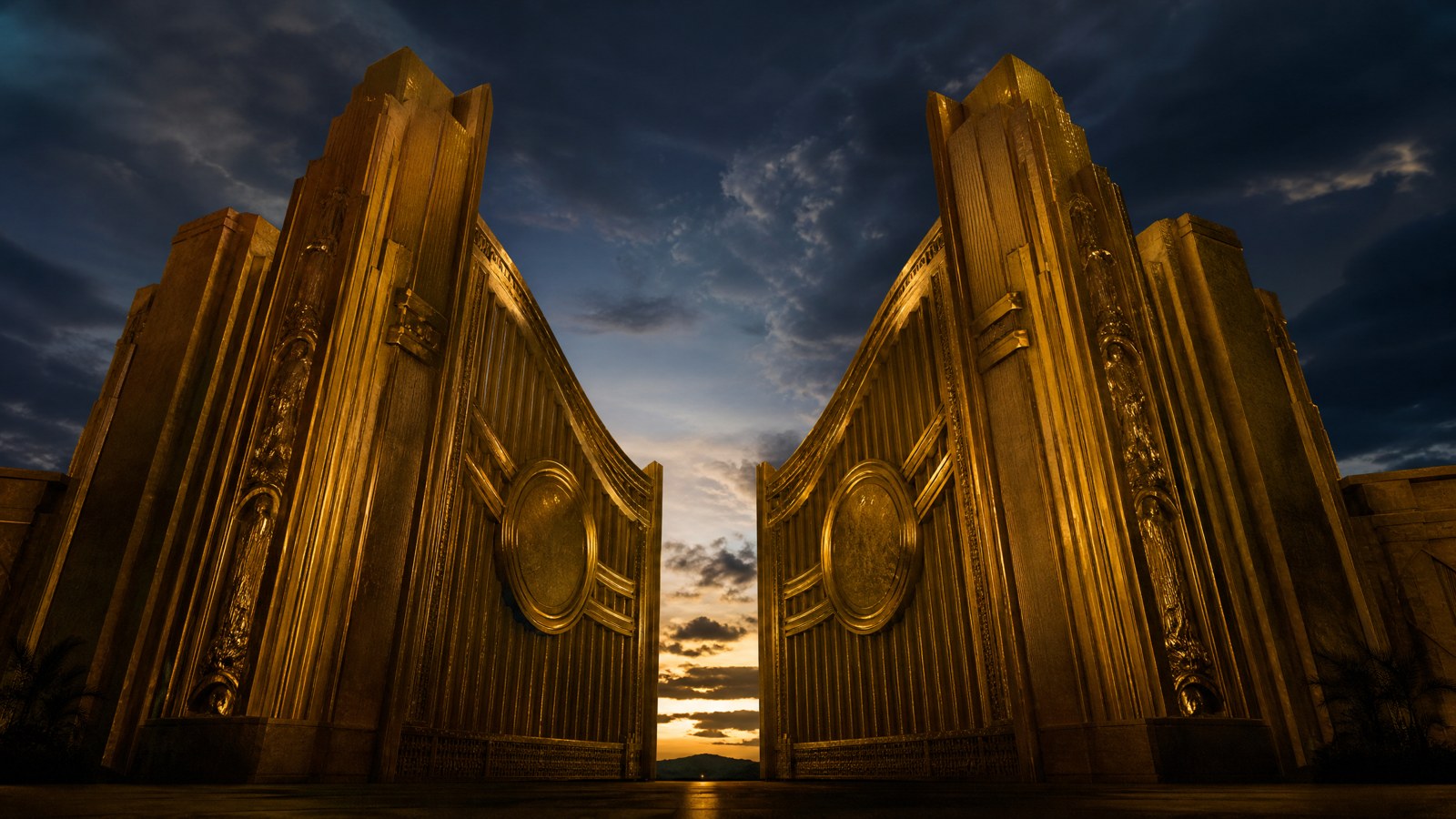 Two massive golden studio gates converging — a visual metaphor for the Paramount-Warner Bros. merger
