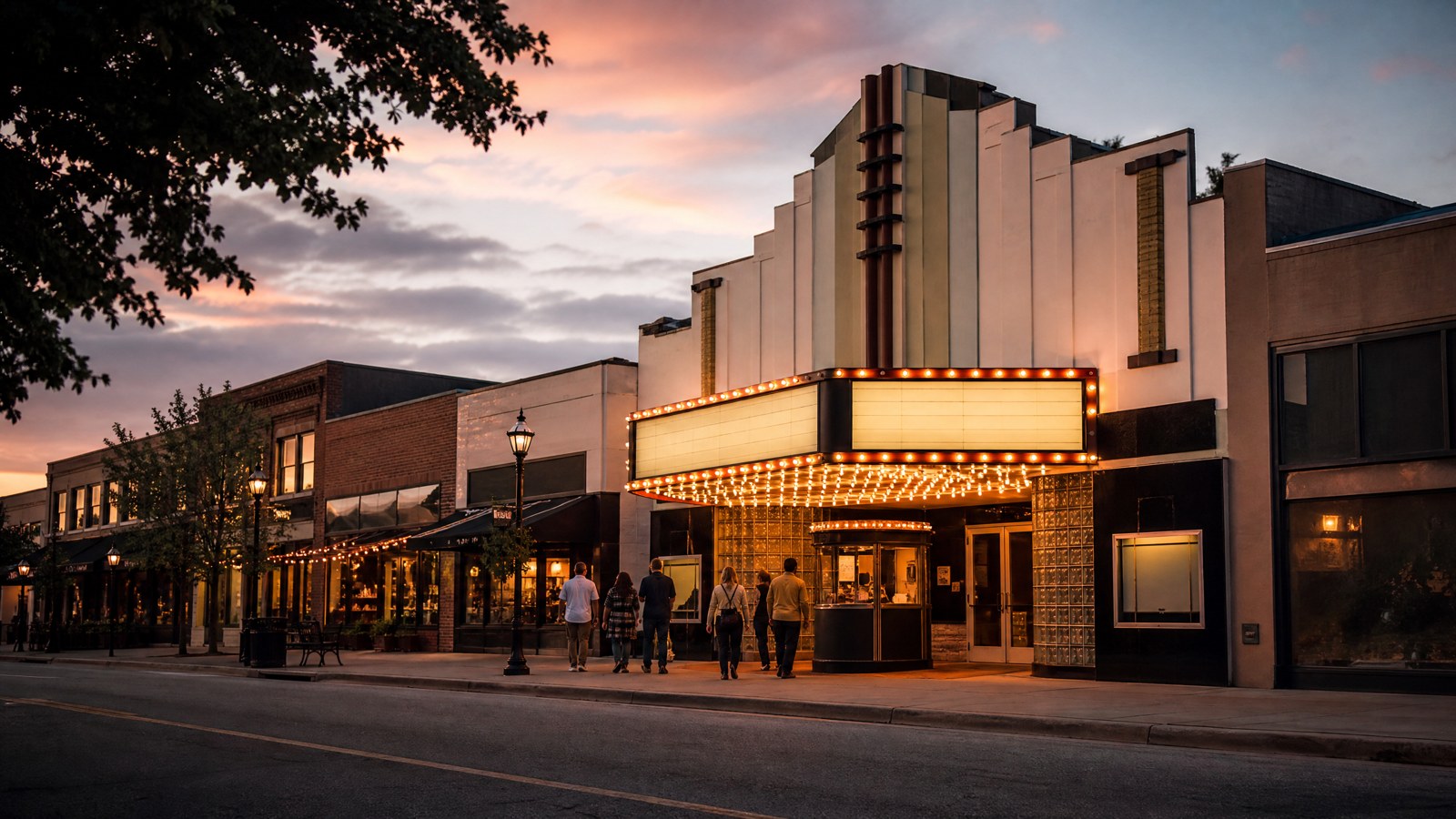 A charming small-town independent movie theater with a classic marquee at dusk