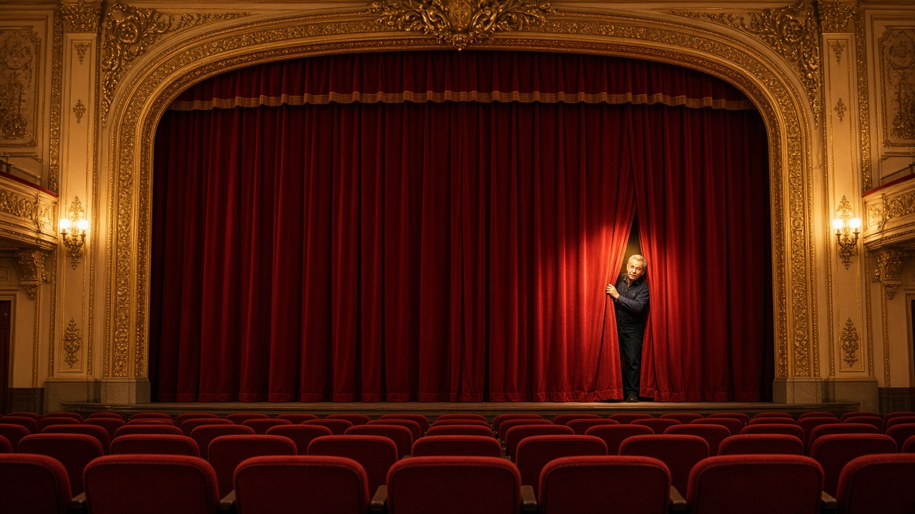 An ornate, brightly lit movie palace with gold plasterwork and rows of red seats. A small figure in a spotlight peeks out through the closed red stage curtain.