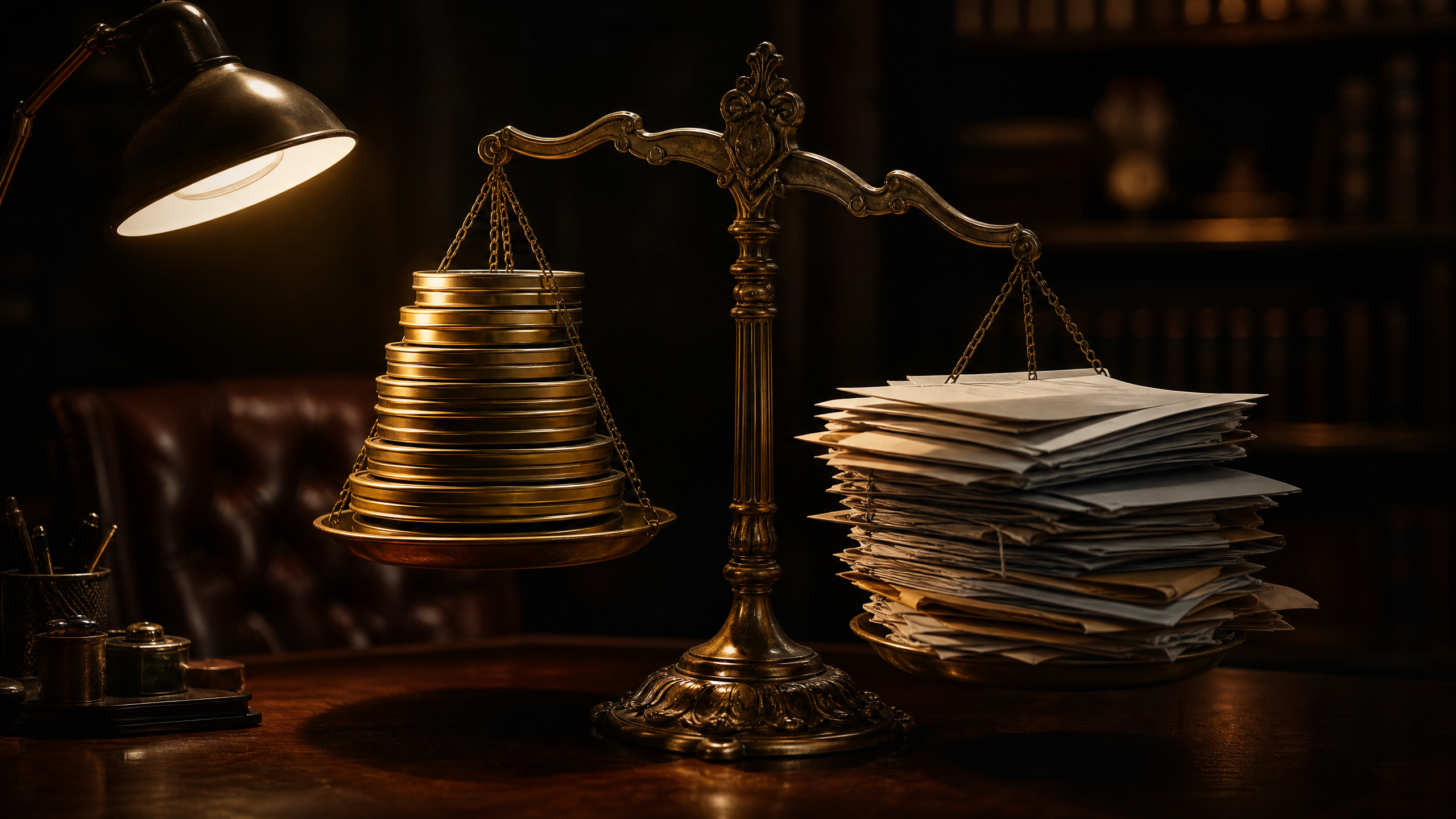A brass balance scale with film reels on one side and financial documents on the other, tilting under the weight of debt