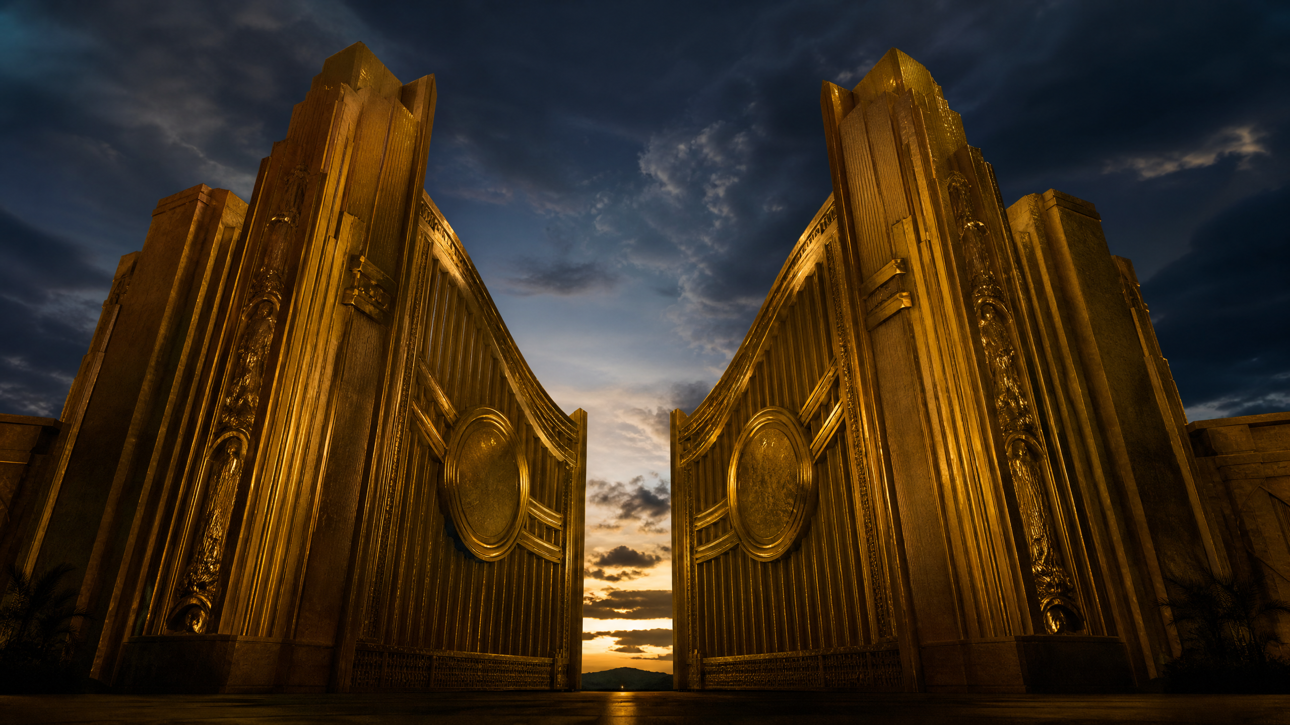 Two massive golden studio gates converging — a visual metaphor for the Paramount-Warner Bros. merger