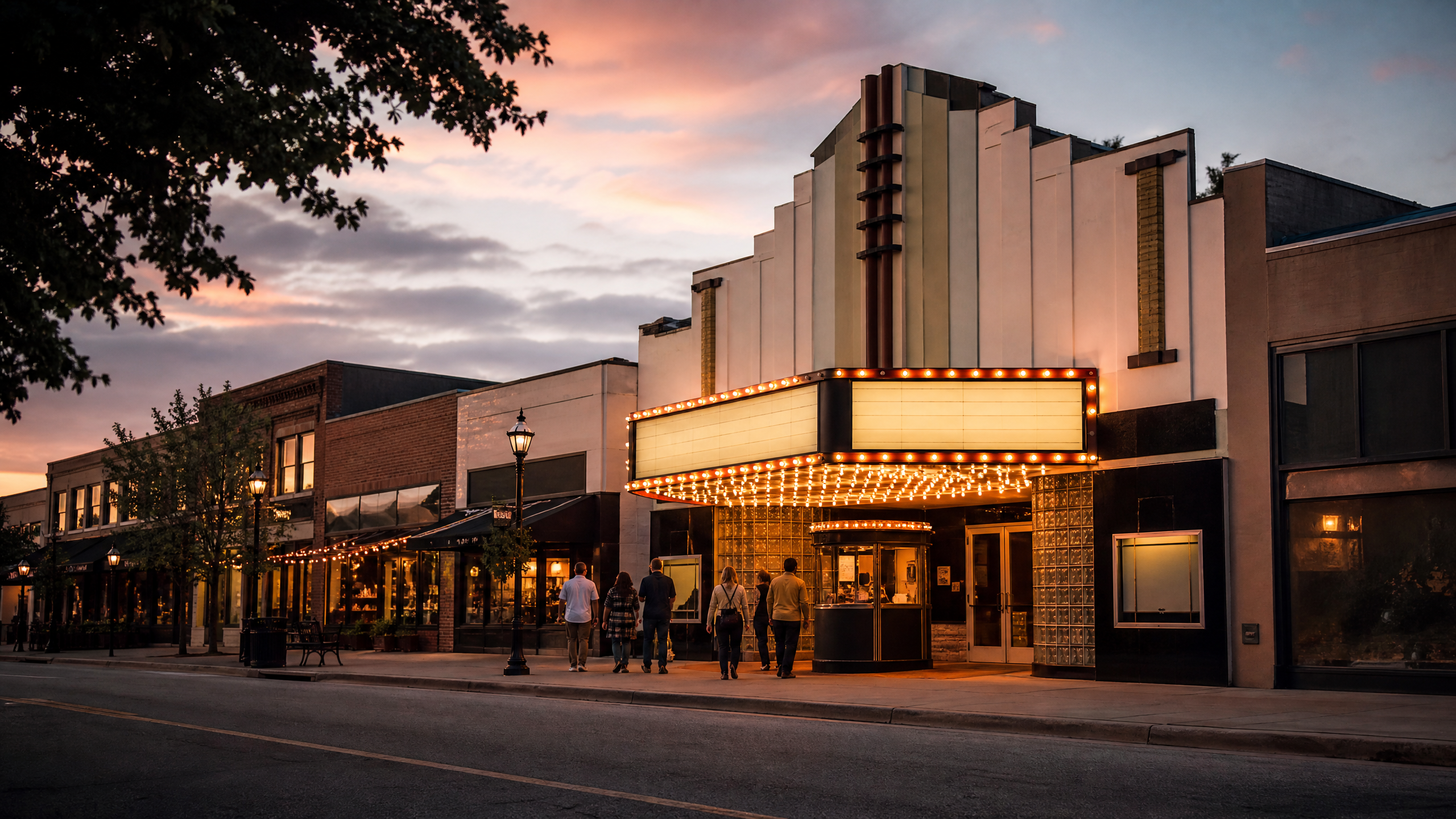 A charming small-town independent movie theater with a classic marquee at dusk