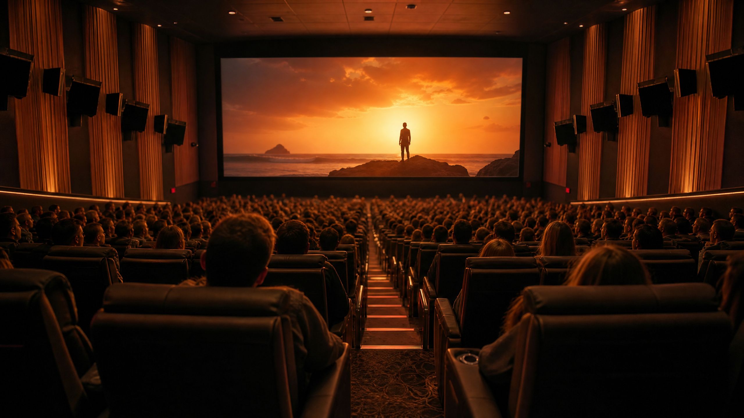 A packed modern cinema auditorium during a screening, audience silhouetted against the glow of the screen