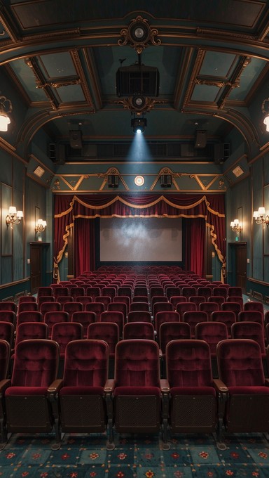 Ornate interior of a classic movie palace with velvet seats and decorative ceiling
