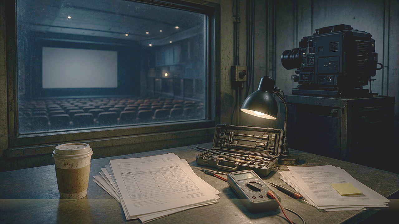 Cinema projection booth at night: toolkit, multimeter, paperwork, and a dark auditorium beyond the booth window.