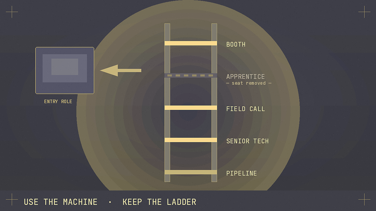 Diagram of the service-tech ladder: booth to apprentice to field call to senior tech to pipeline, with the apprentice rung removed.