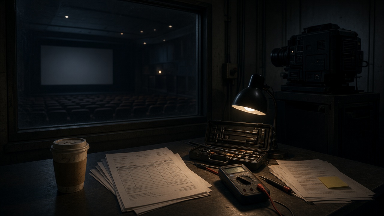 Cinema projection booth at night: toolkit, multimeter, paperwork, and a dark auditorium beyond the booth window.