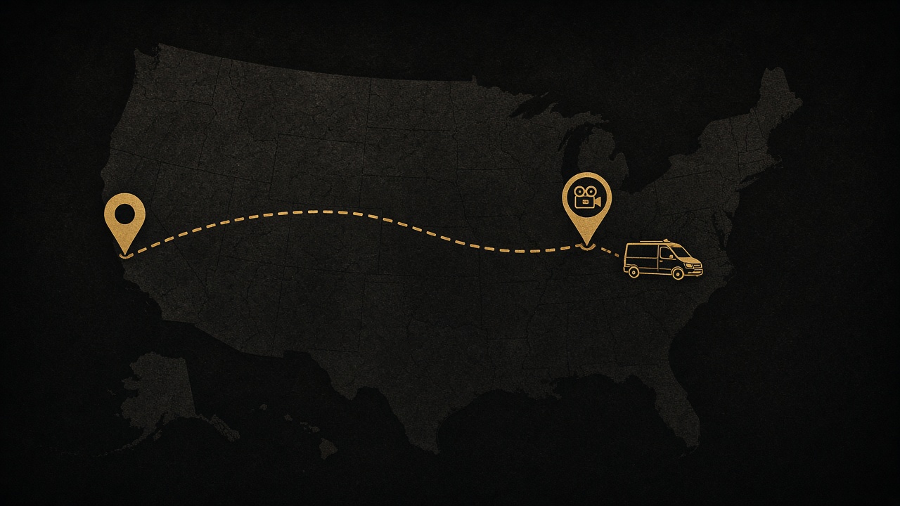Stylized U.S. map with a gold route from one region to another and a service van near the cinema pin — the coast-to-coast dealer problem.